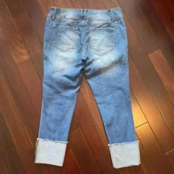 Evermore High Rise Distressed Ankle Crop Jeans Cuffed Stretch Denim Blue Size 30 - Picture 12 of 14